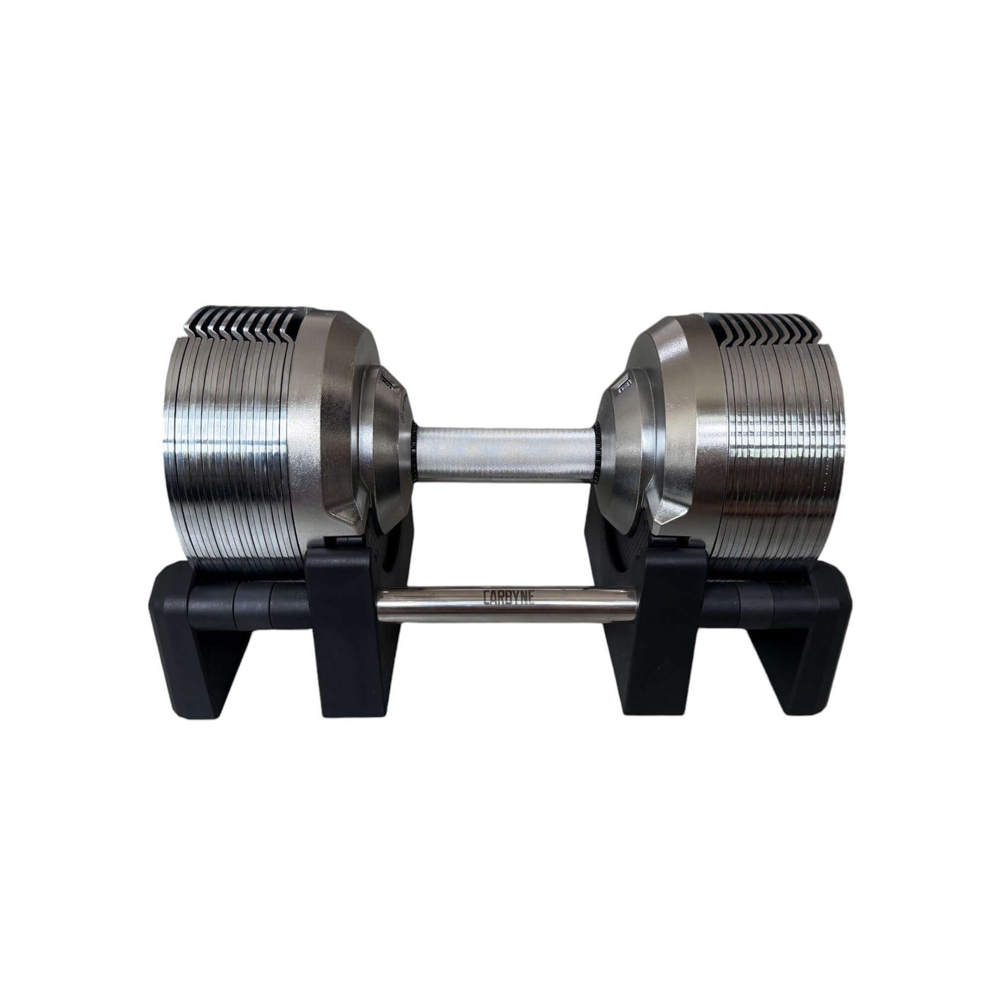 Carbyne 415 adjustable dumbbell on stand, sleek design for versatile gym workouts, ranges from 4kg to 41.5kg, durable construction.