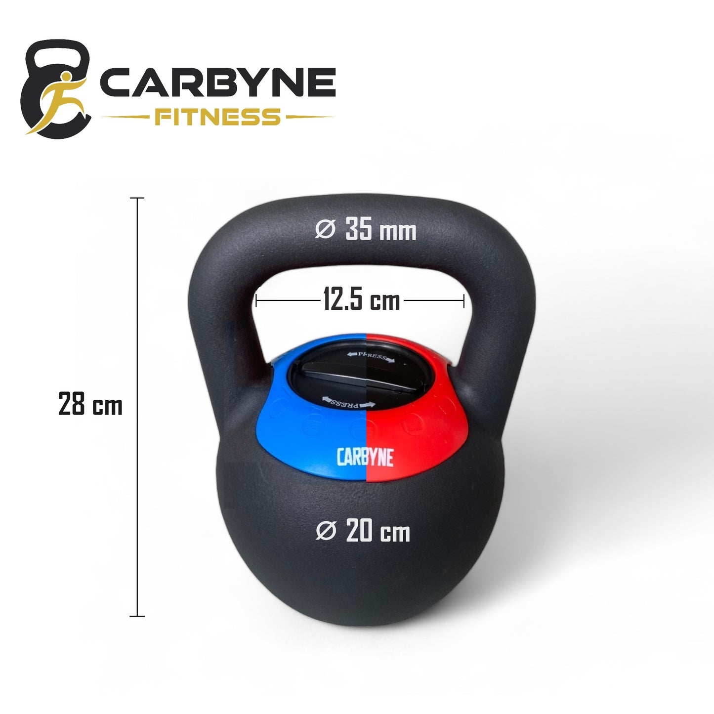 Quick Adjustable Kettlebell dimensions, 28cm, 35mm, 12.5cm, 20cm