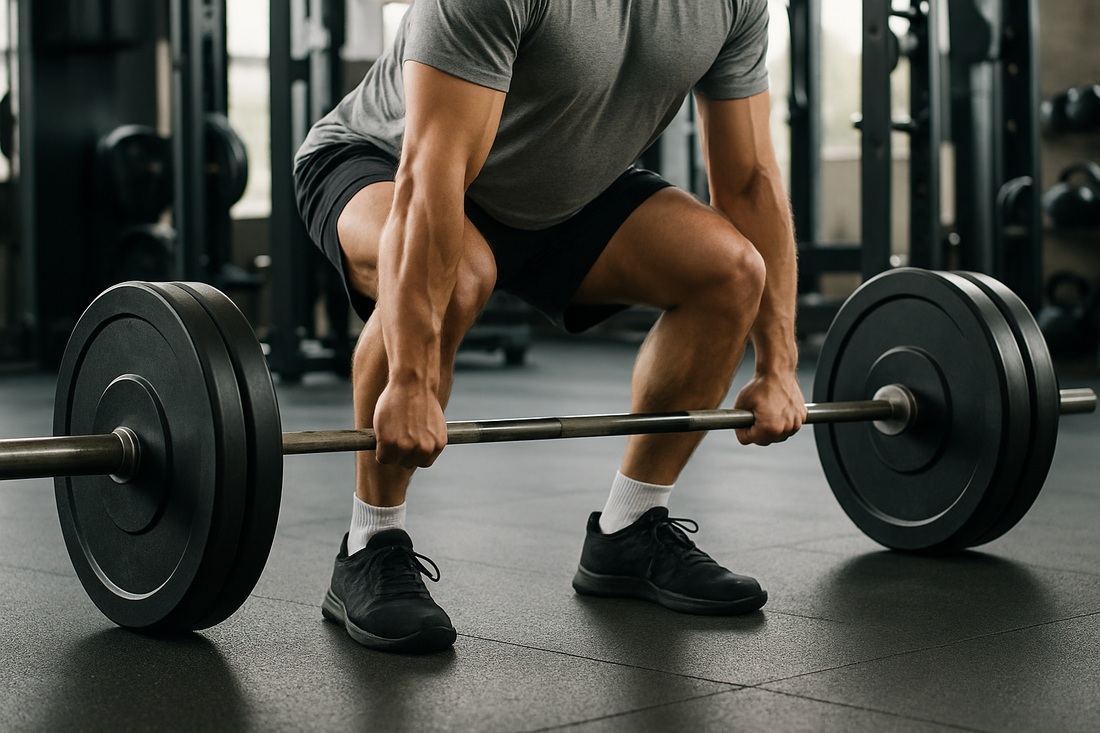 Person performing a deadlift with a barbell in a gym, focusing on lower body strength and core stability with gym equipment.