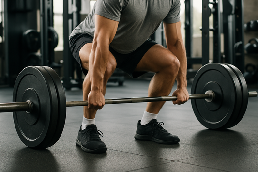 Person performing a deadlift with a barbell in a gym, focusing on lower body strength and core stability with gym equipment.