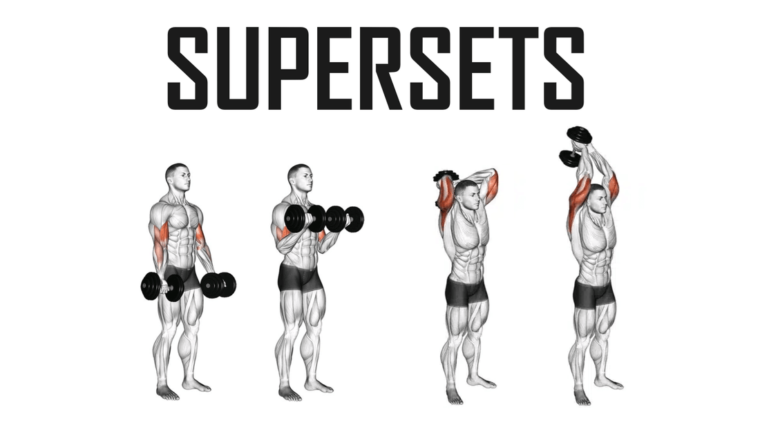 Illustrations of a superset workout routine with adjustable dumbbells focusing on arm exercises.