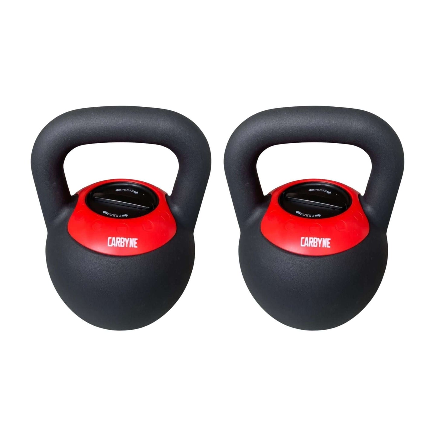 CARBYNE adjustable kettlebells for strength training, featuring a quick knob to customize weight from 16kg to 24kg. Gym equipment.