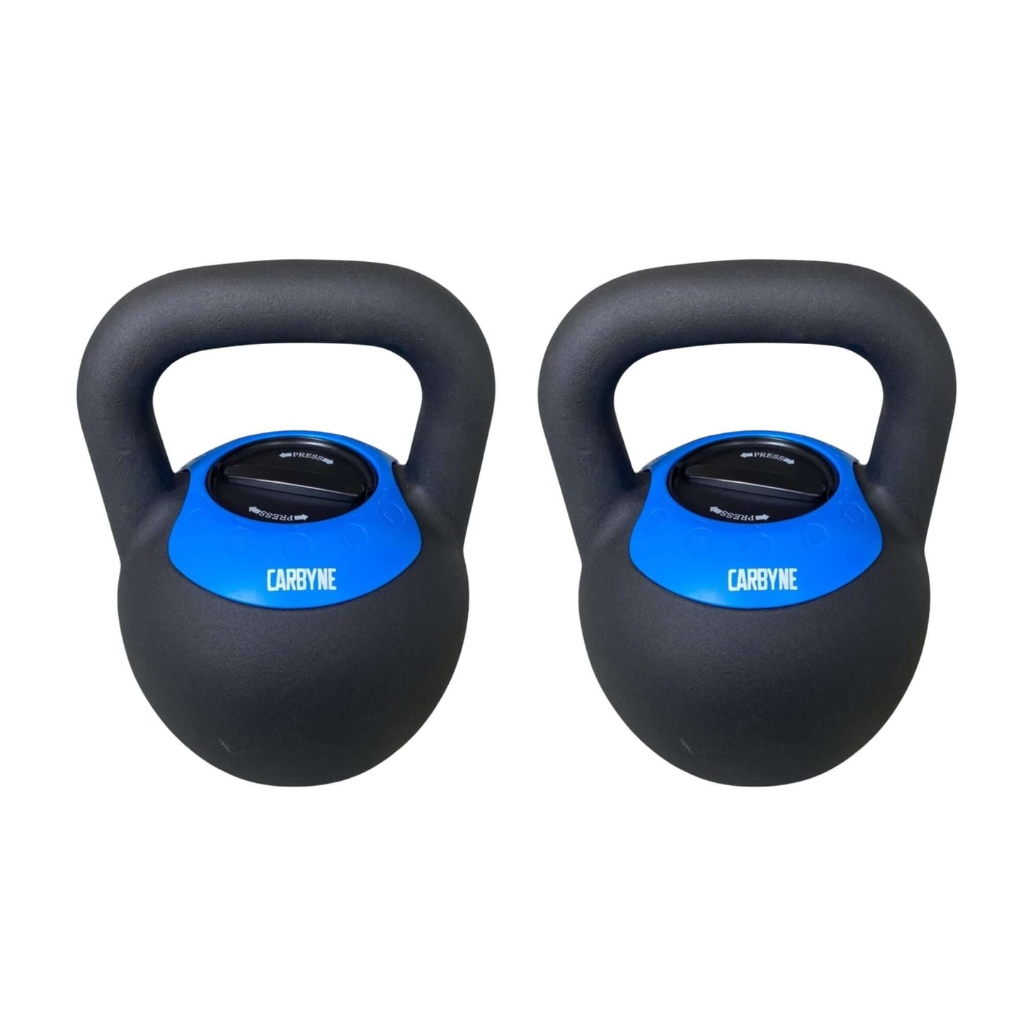 CARBYNE adjustable kettlebells with blue accents for versatile gym workouts.