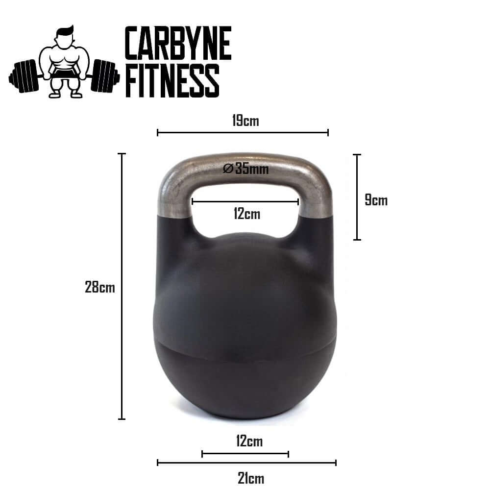 Adjustable CARBYNE 32KG competition kettlebell with measurements for gym equipment, ideal for home fitness and strength training.