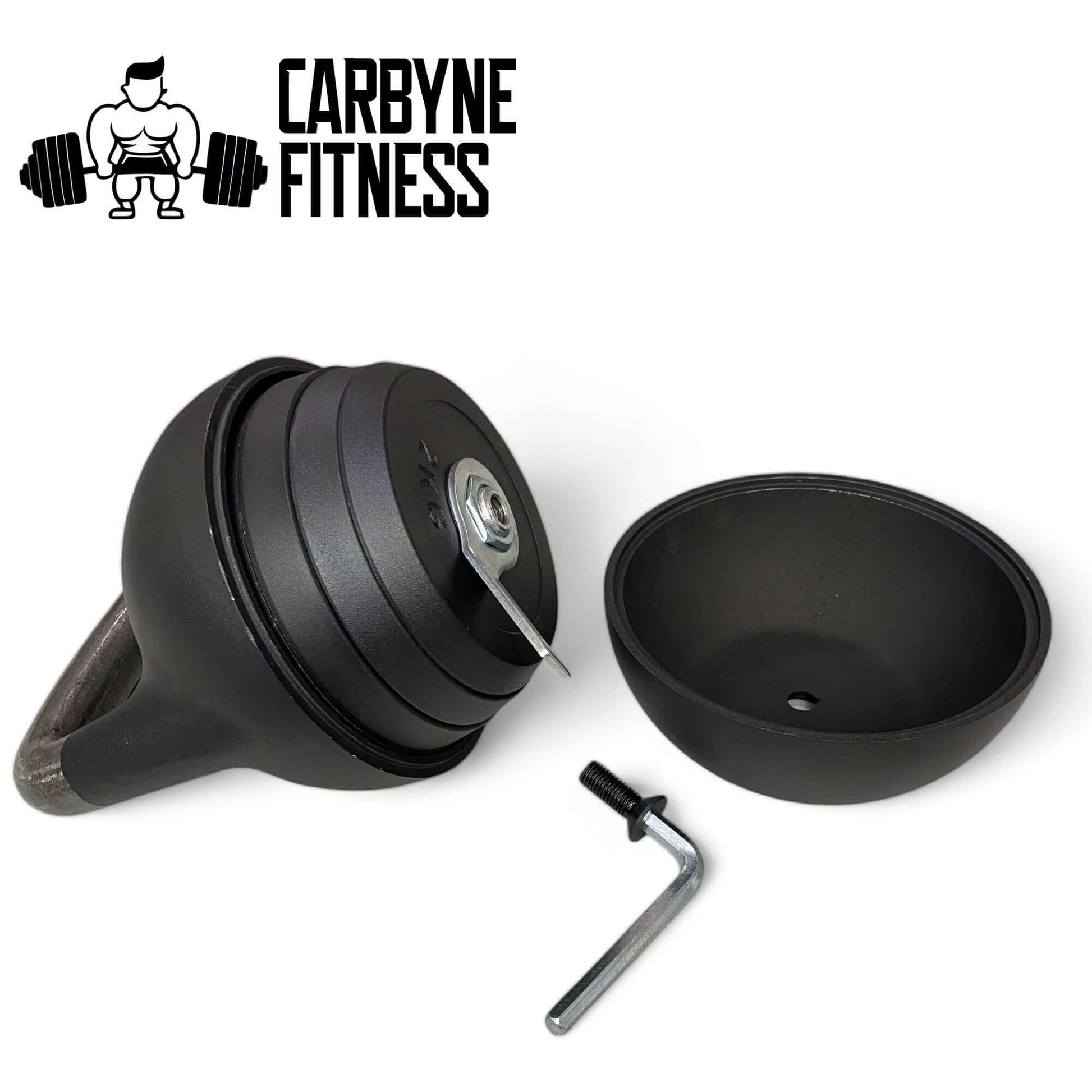 Adjustable CARBYNE 32KG competition kettlebell with open mechanism showing weight plates and wrench, ideal gym equipment.