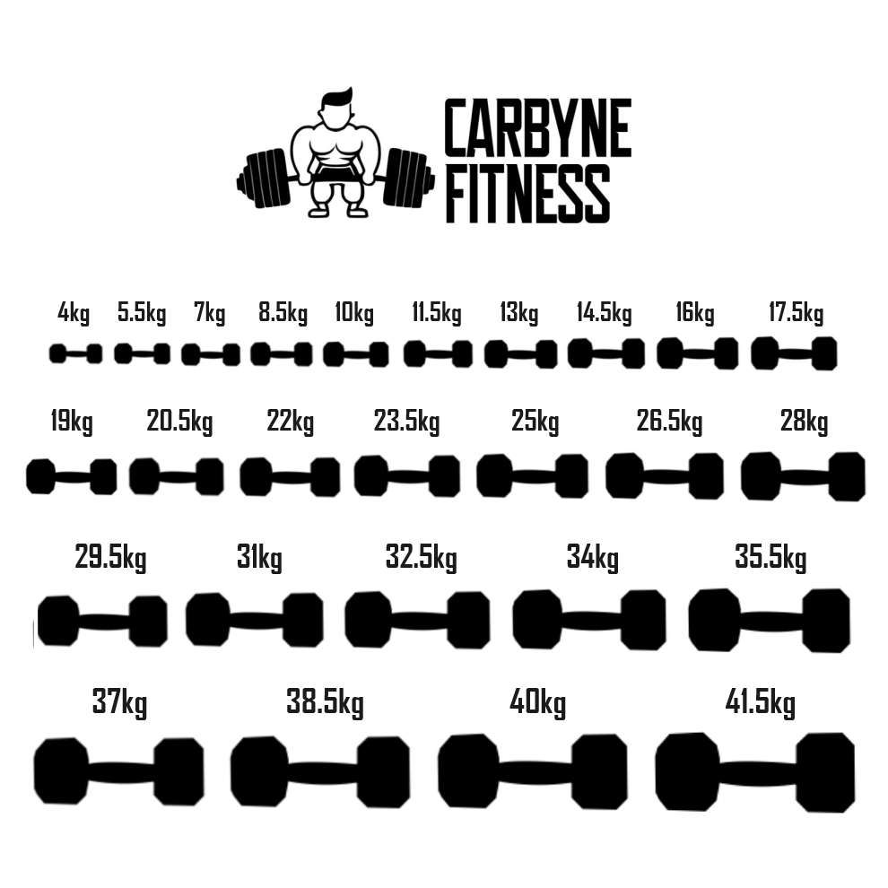 "CARBYNE Fitness adjustable dumbbell set ranging from 4kg to 41.5kg, ideal gym equipment for versatile home workouts."