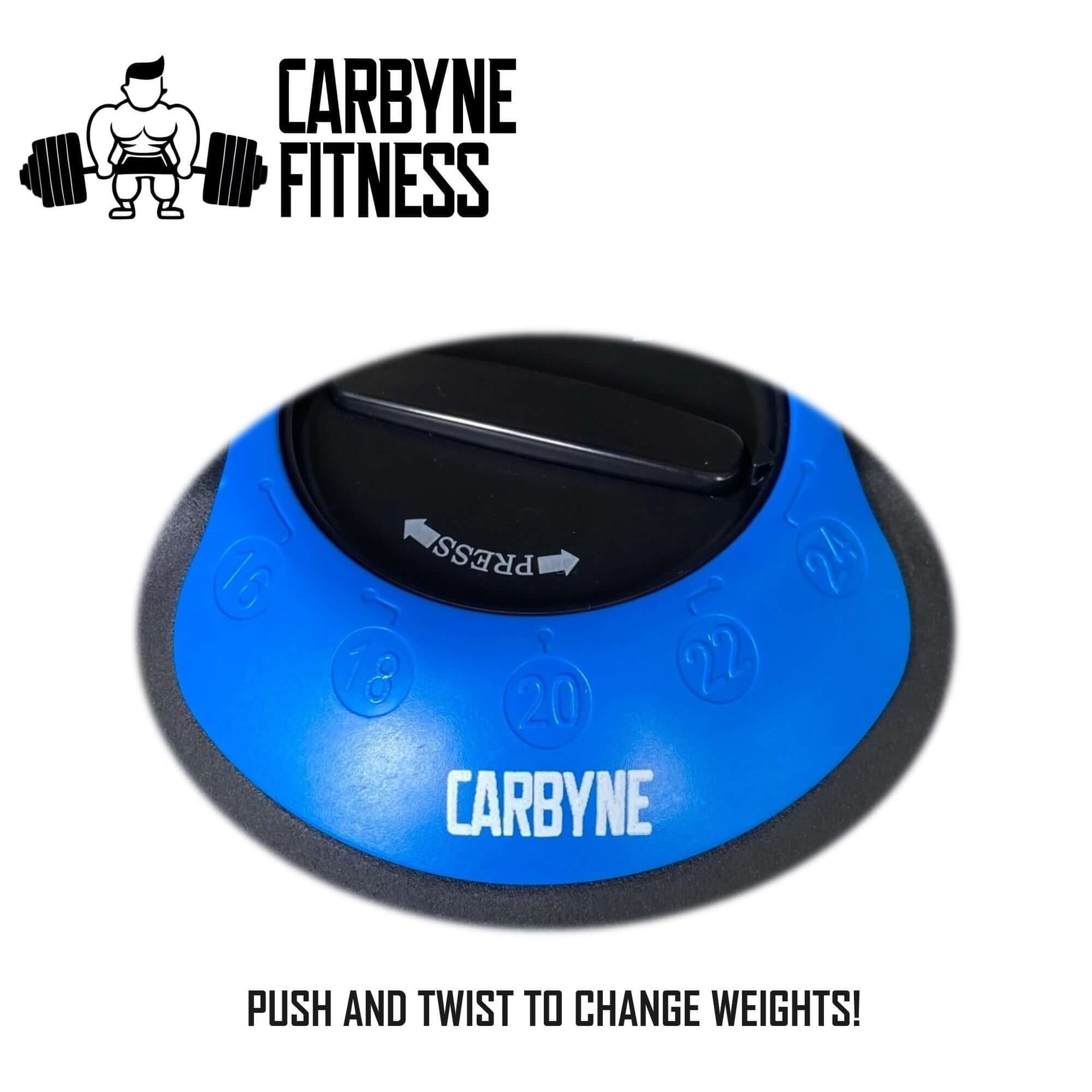 CARBYNE adjustable kettlebell with push and twist weight change knob for gym workouts and dumbbell exercises.