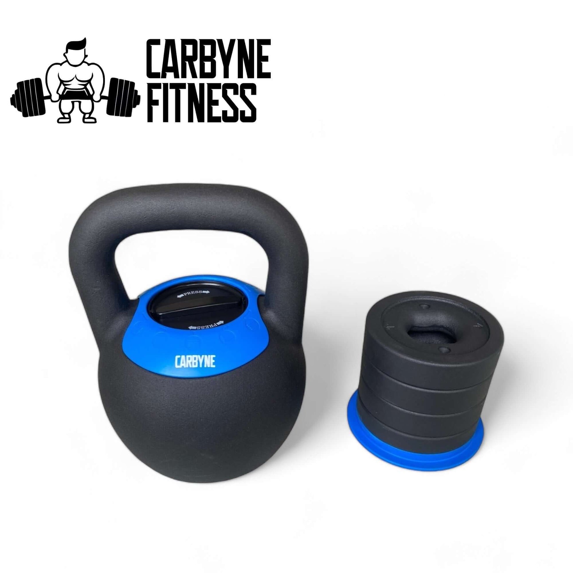 CARBYNE adjustable kettlebell with removable weights for personalized gym equipment workout.