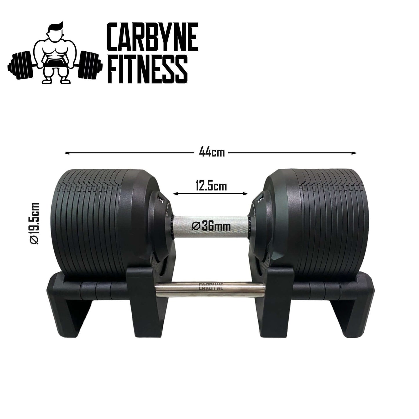 CARBYNE 415 Black Adjustable Dumbbell on stand, showing dimensions; premium gym equipment for versatile home workouts.