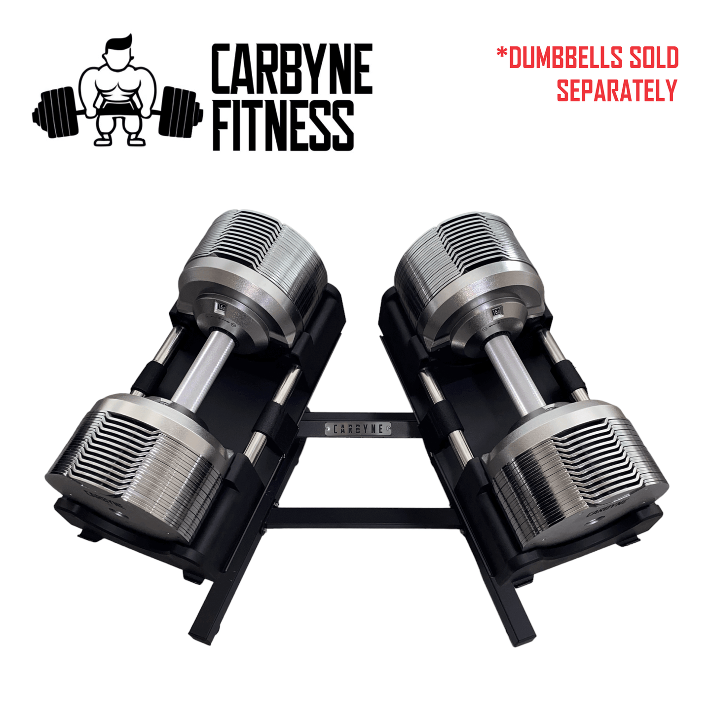 CARBYNE dumbbell rack with adjustable kettlebell holders, made of durable steel, showcasing gym equipment setup. Dumbbells sold separately.