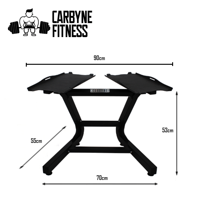 CARBYNE Dumbbell Rack with dimensions, adjustable gym equipment for kettlebells, durable steel construction for over 100kg weight.