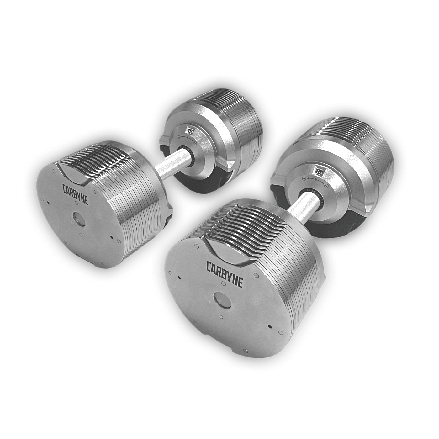 CARBYNE 415 adjustable dumbbells, premium gym equipment ranging from 4kg to 41.5kg in 1.5kg increments.