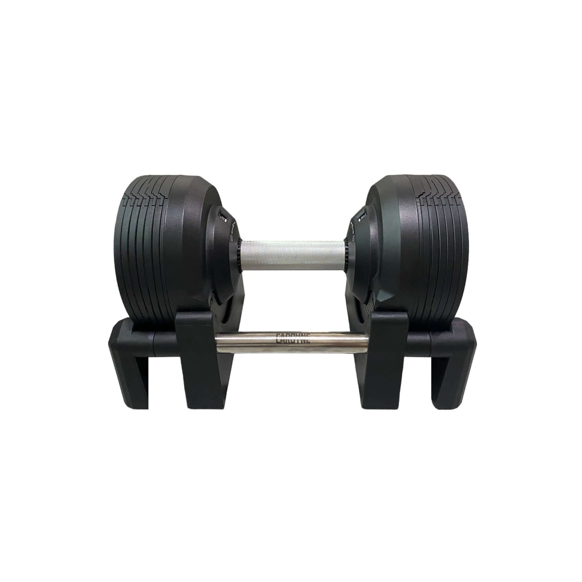 CARBYNE 415 adjustable dumbbell in black on a stand, ideal gym equipment for versatile home workouts.