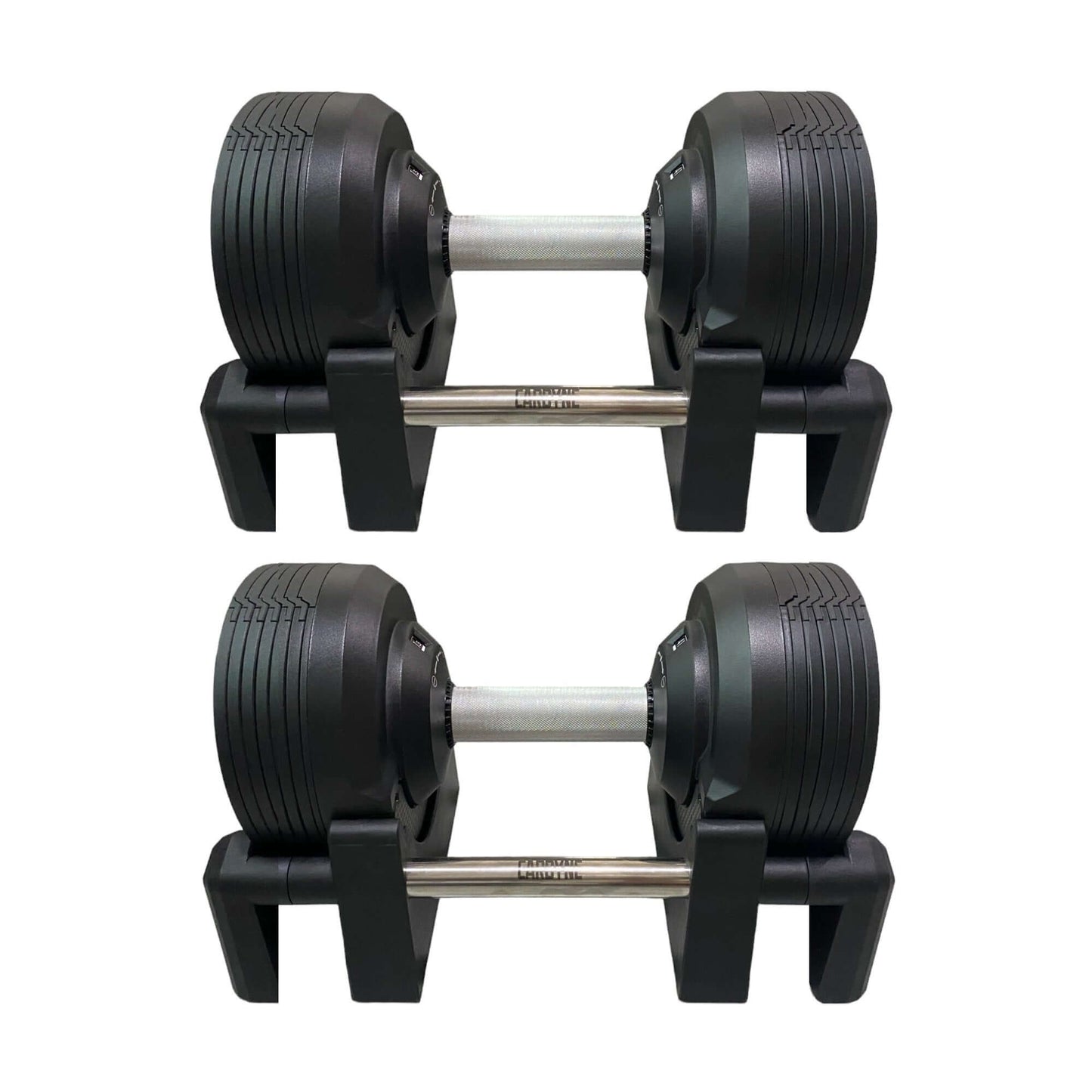 Black adjustable CARBYNE dumbbells on stand, gym equipment for versatile home workouts.