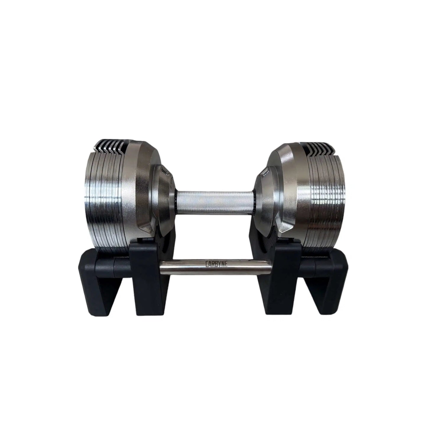 CARBYNE 415 adjustable dumbbell on stand, sleek design for gym or home workouts, versatile fitness equipment with 1.5kg increments.