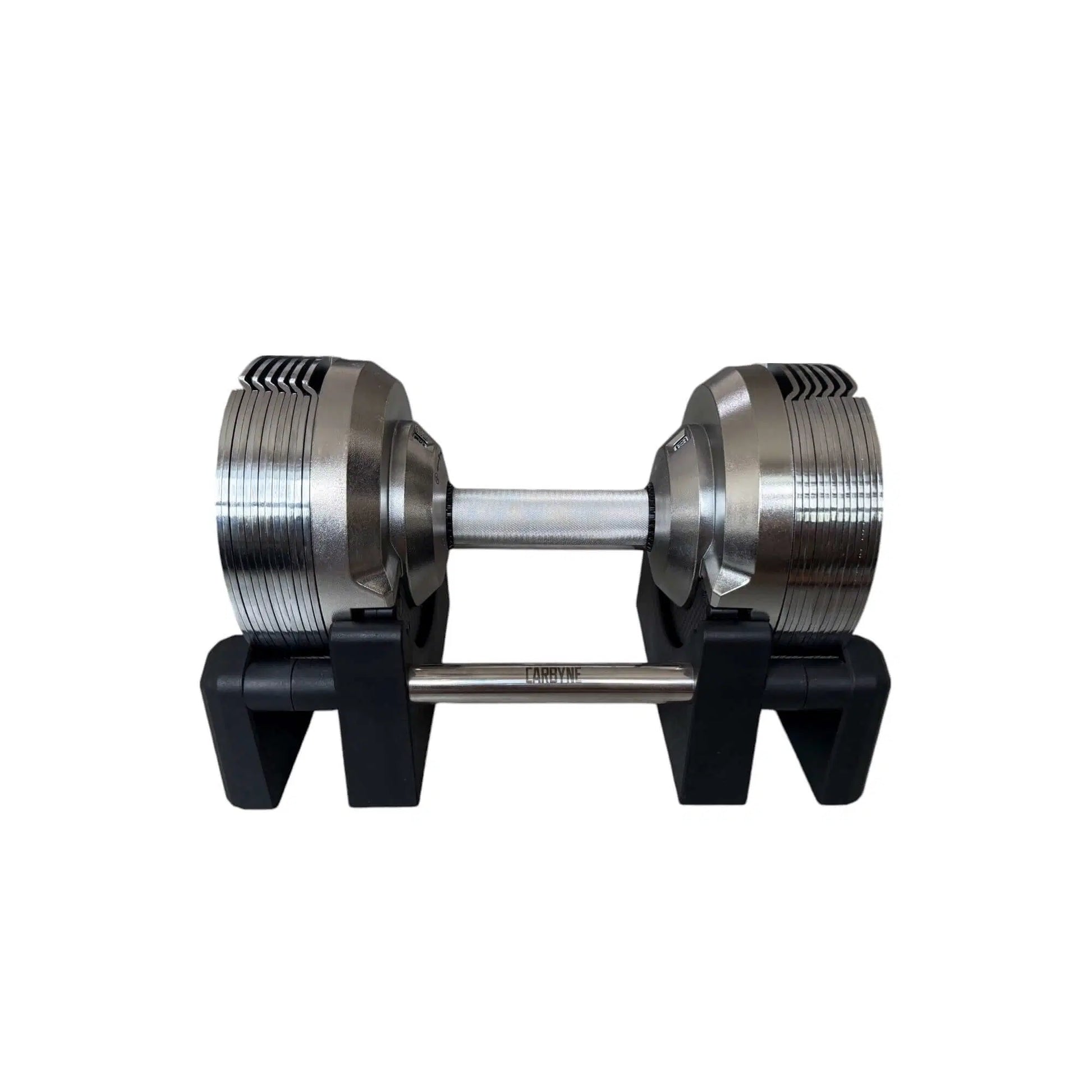 CARBYNE 415 adjustable dumbbell on stand, sleek design for gym or home workouts, versatile fitness equipment with 1.5kg increments.