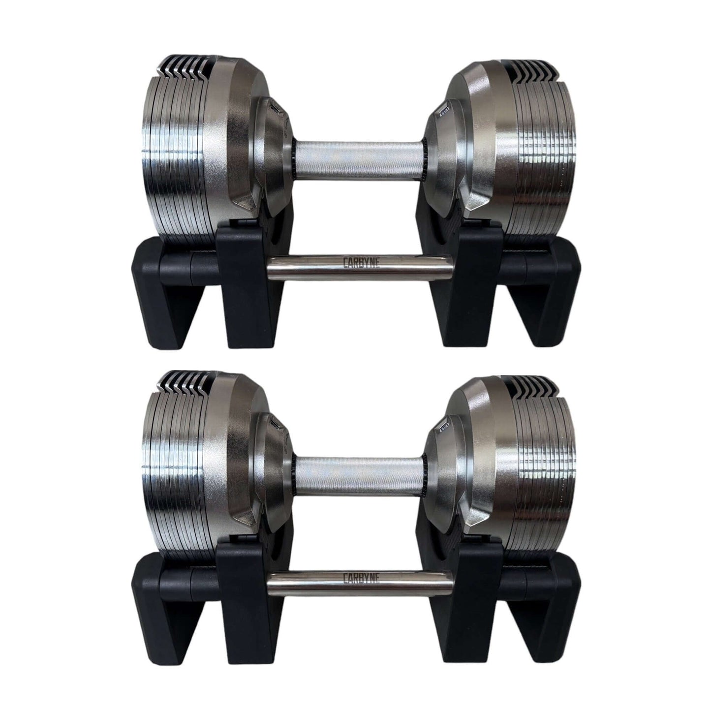 CARBYNE 415 adjustable dumbbells in holders, premium gym equipment for versatile workouts, sleek design similar to Trulap dumbbells.