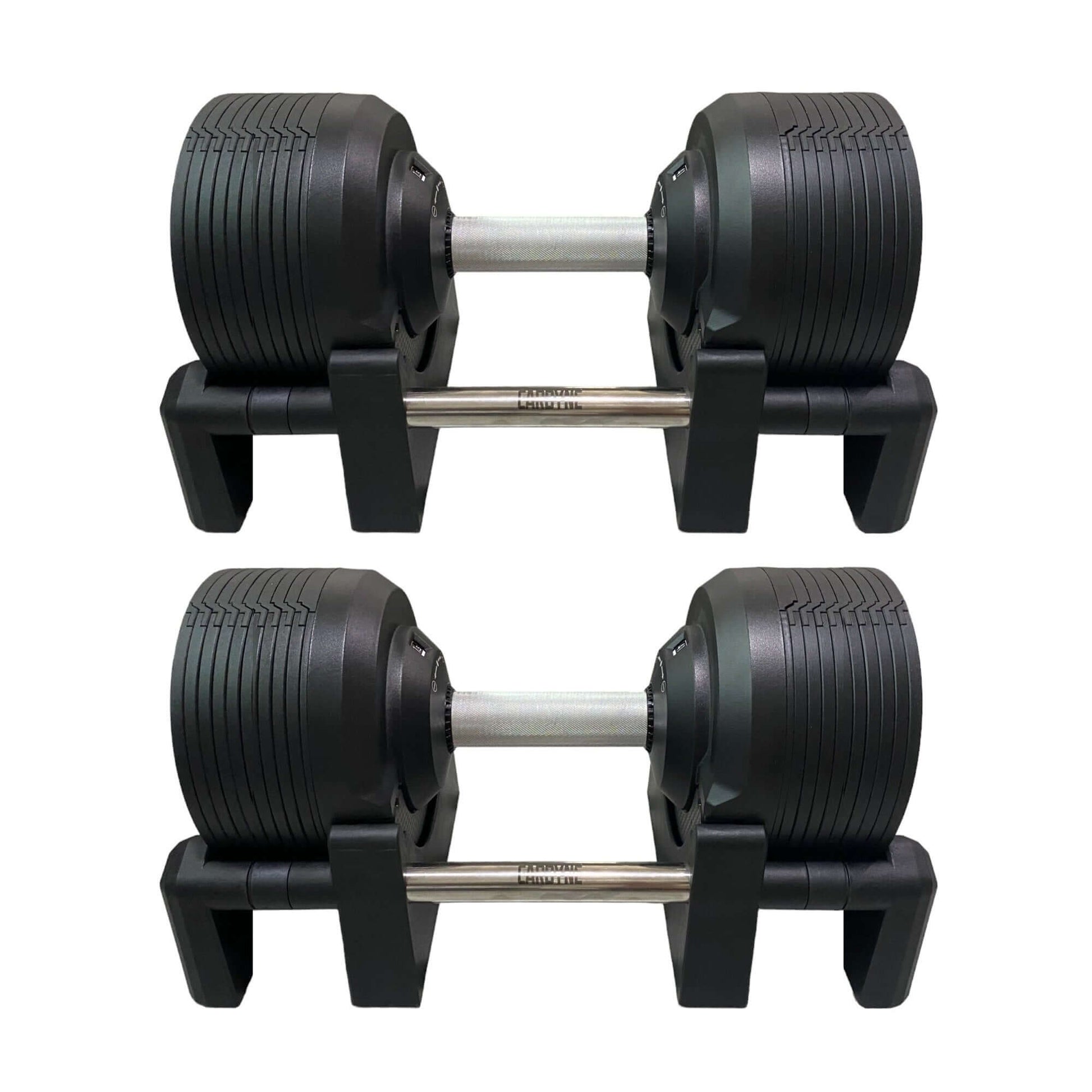 CARBYNE 415 Black Adjustable Dumbbells on stands, ideal gym equipment for versatile workouts with weights up to 41.5kg.