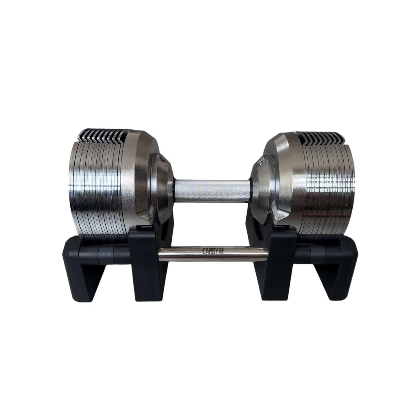 Carbyne 415 adjustable dumbbell on stand, sleek design for versatile gym workouts, ranges from 4kg to 41.5kg, durable construction.