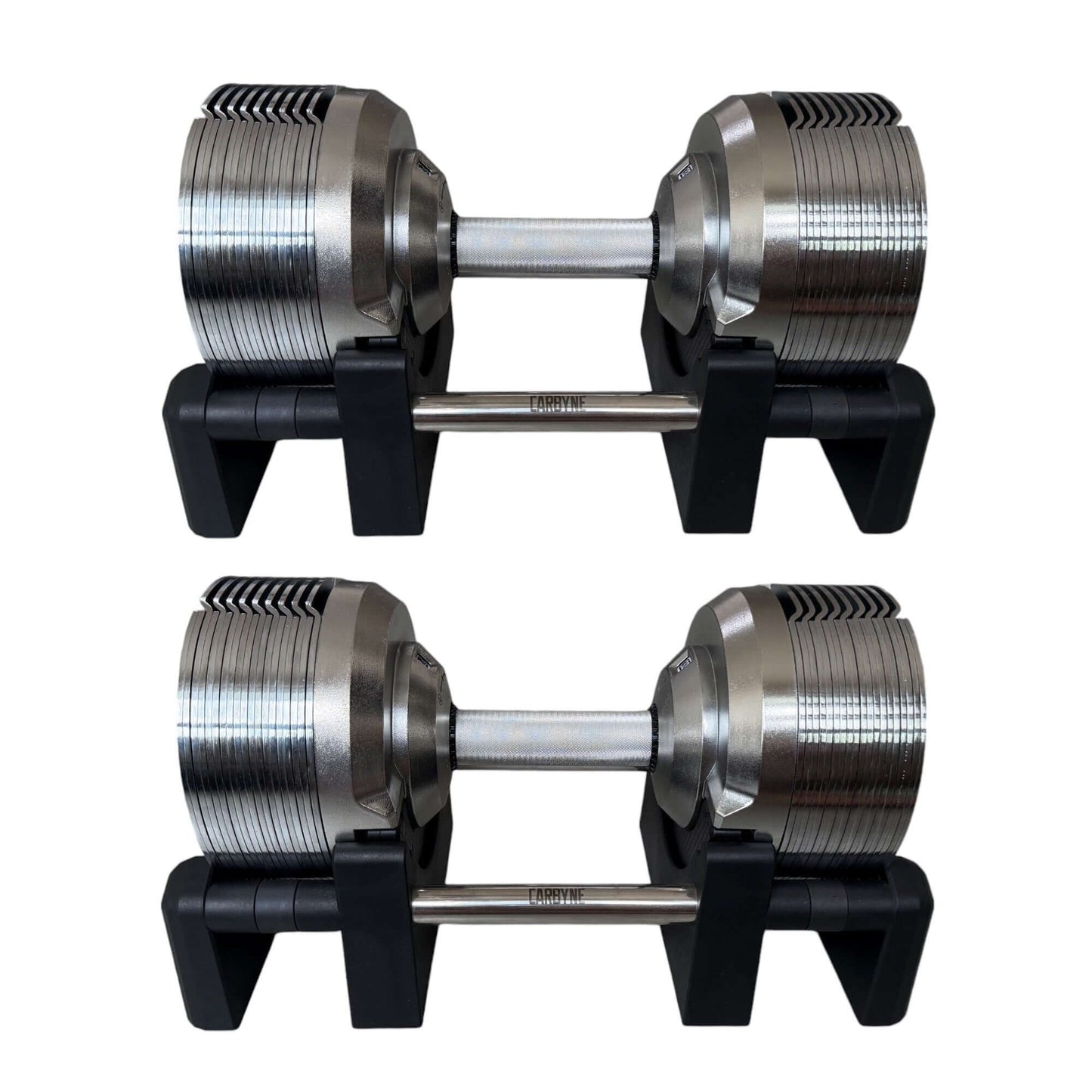 Adjustable CARBYNE 415 dumbbells on stands for home gym workouts, innovative design, weight range 4kg to 41.5kg.