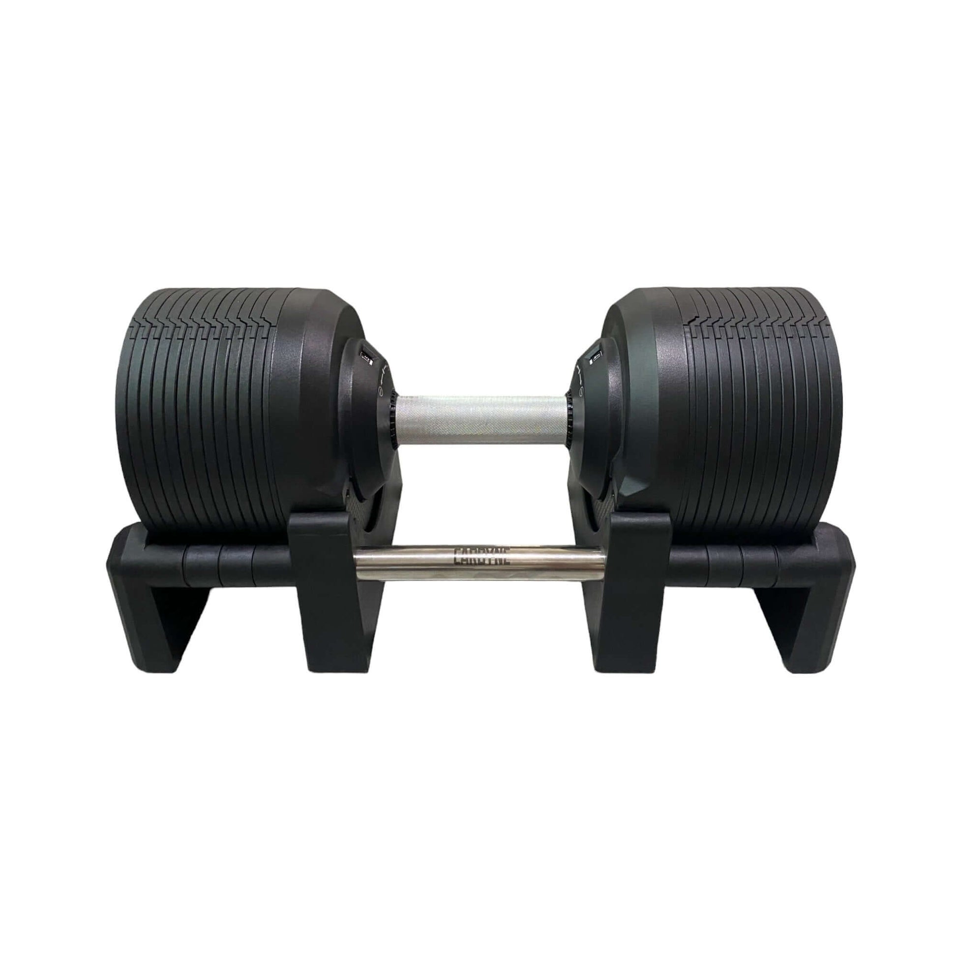 CARBYNE 415 Black Adjustable Dumbbell on stand, gym equipment for versatile workouts, weights range 4kg to 41.5kg, sleek design.