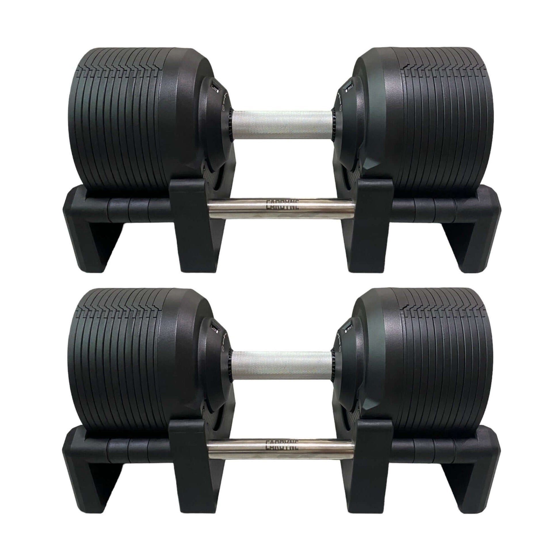 Black adjustable dumbbells on stand, CARBYNE 415, ideal gym equipment for home workouts, ranging from 4kg to 41.5kg.