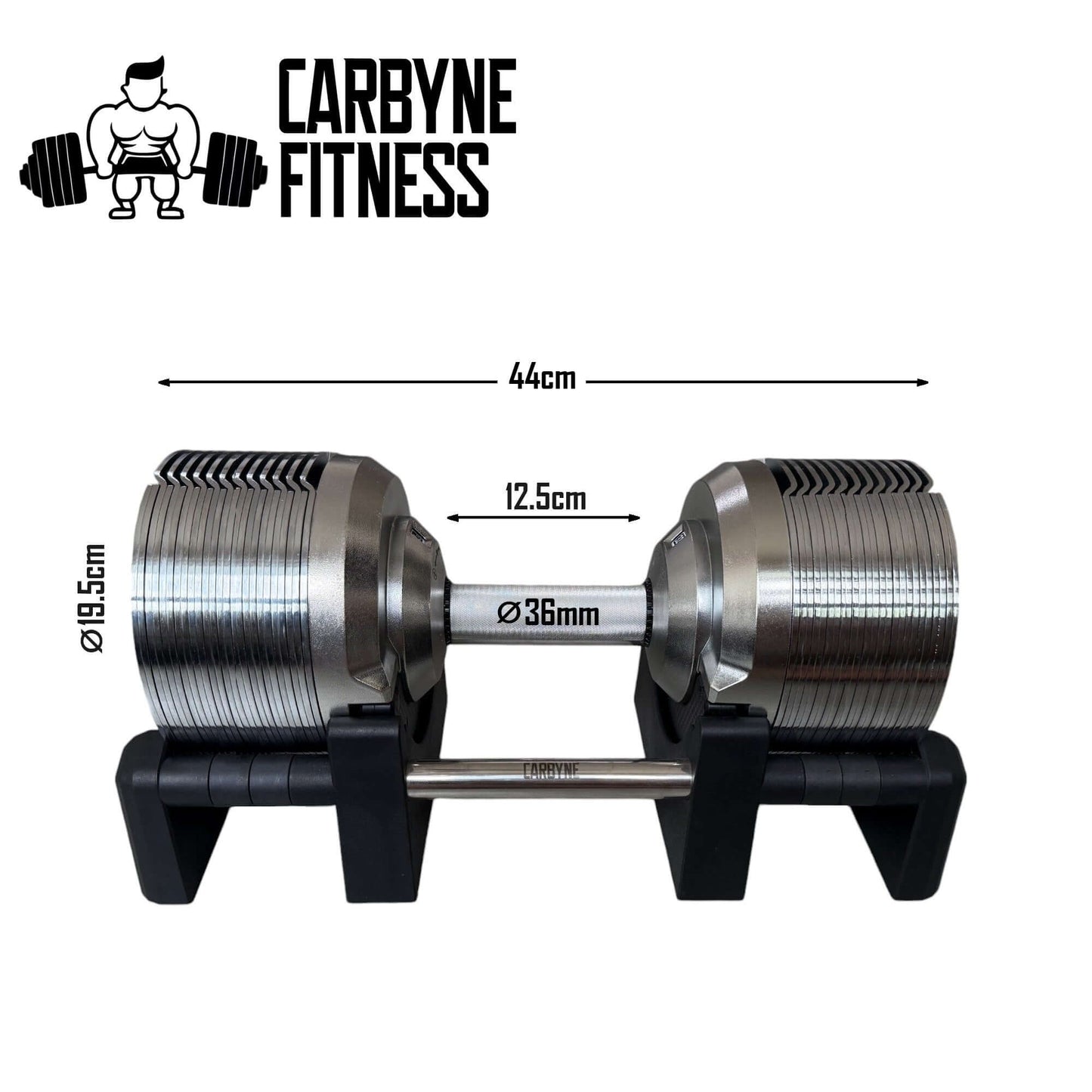 CARBYNE 415 adjustable dumbbell, 4kg to 41.5kg, sleek design with dimensions, premium gym equipment for versatile workouts.