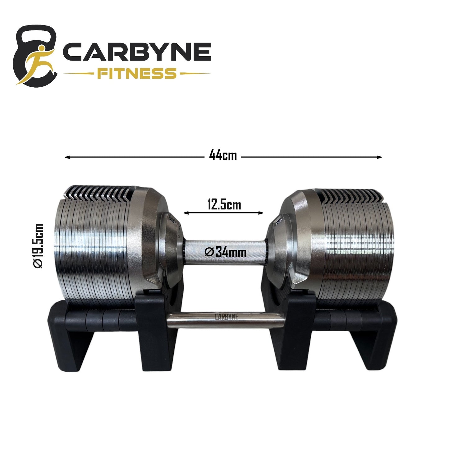 CARBYNE 415 adjustable dumbbell measurements and dimensions chart for fitness equipment