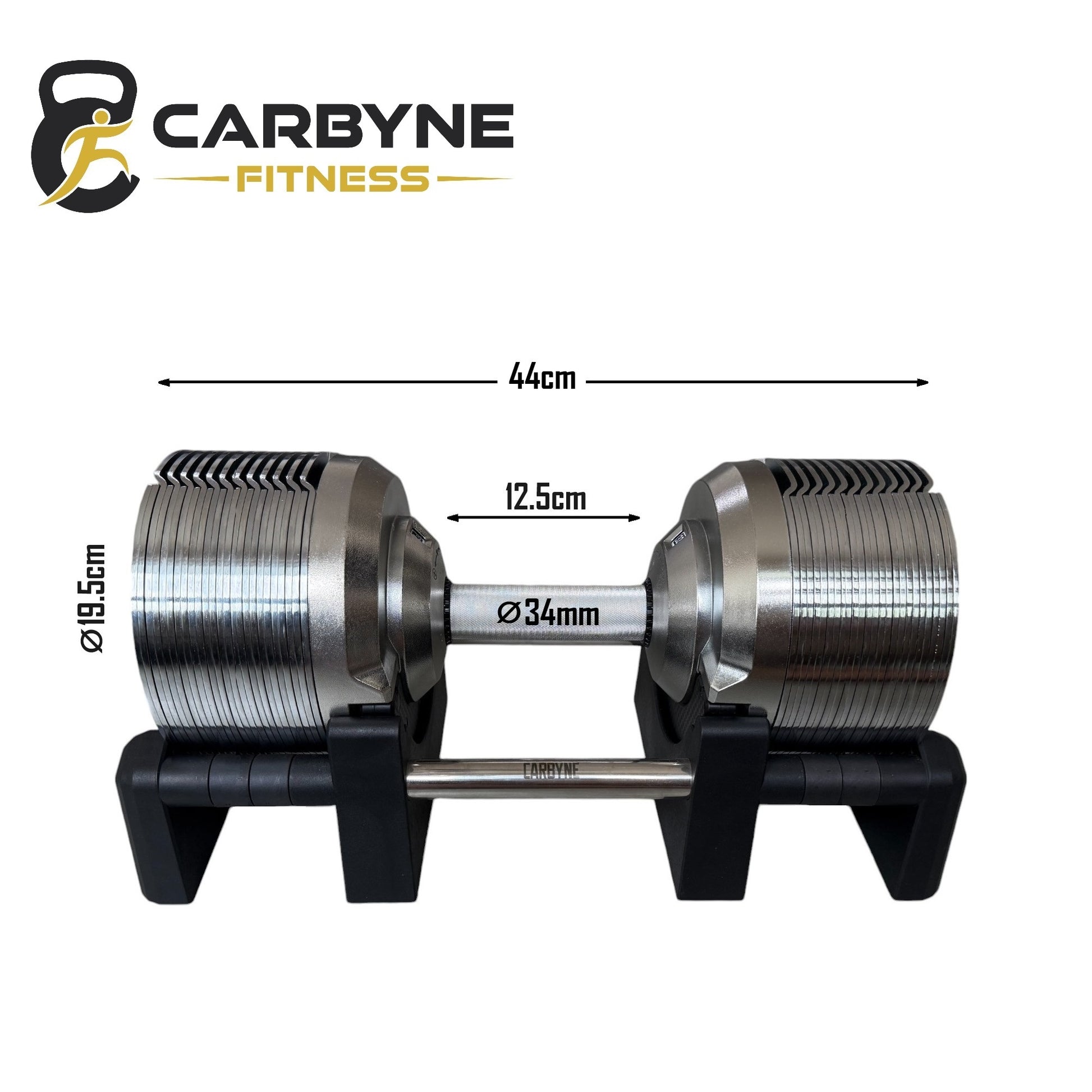 CARBYNE 415 adjustable dumbbell measurements and dimensions chart for fitness equipment