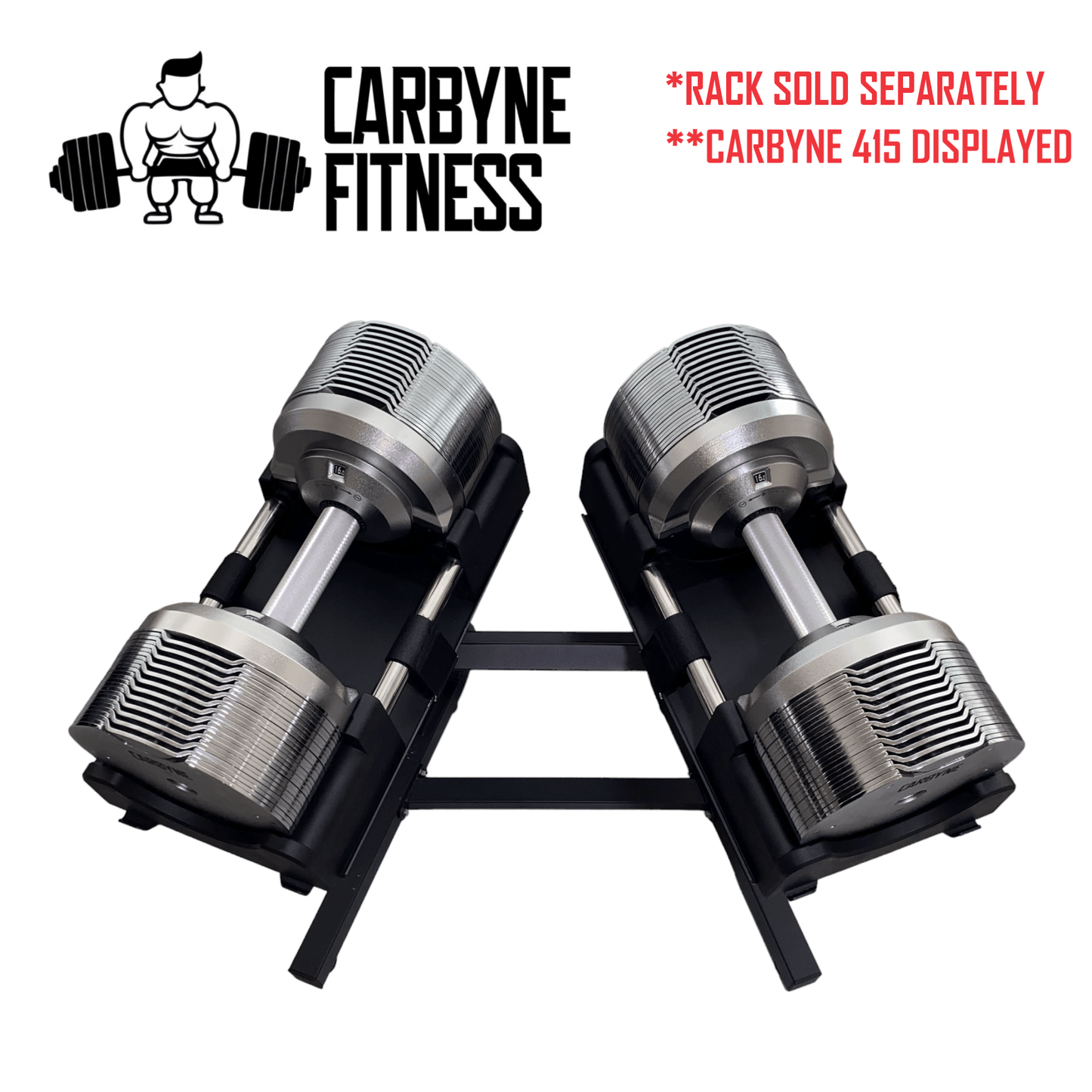 CARBYNE 415 adjustable dumbbells on a rack, gym equipment for versatile workouts, rack sold separately.