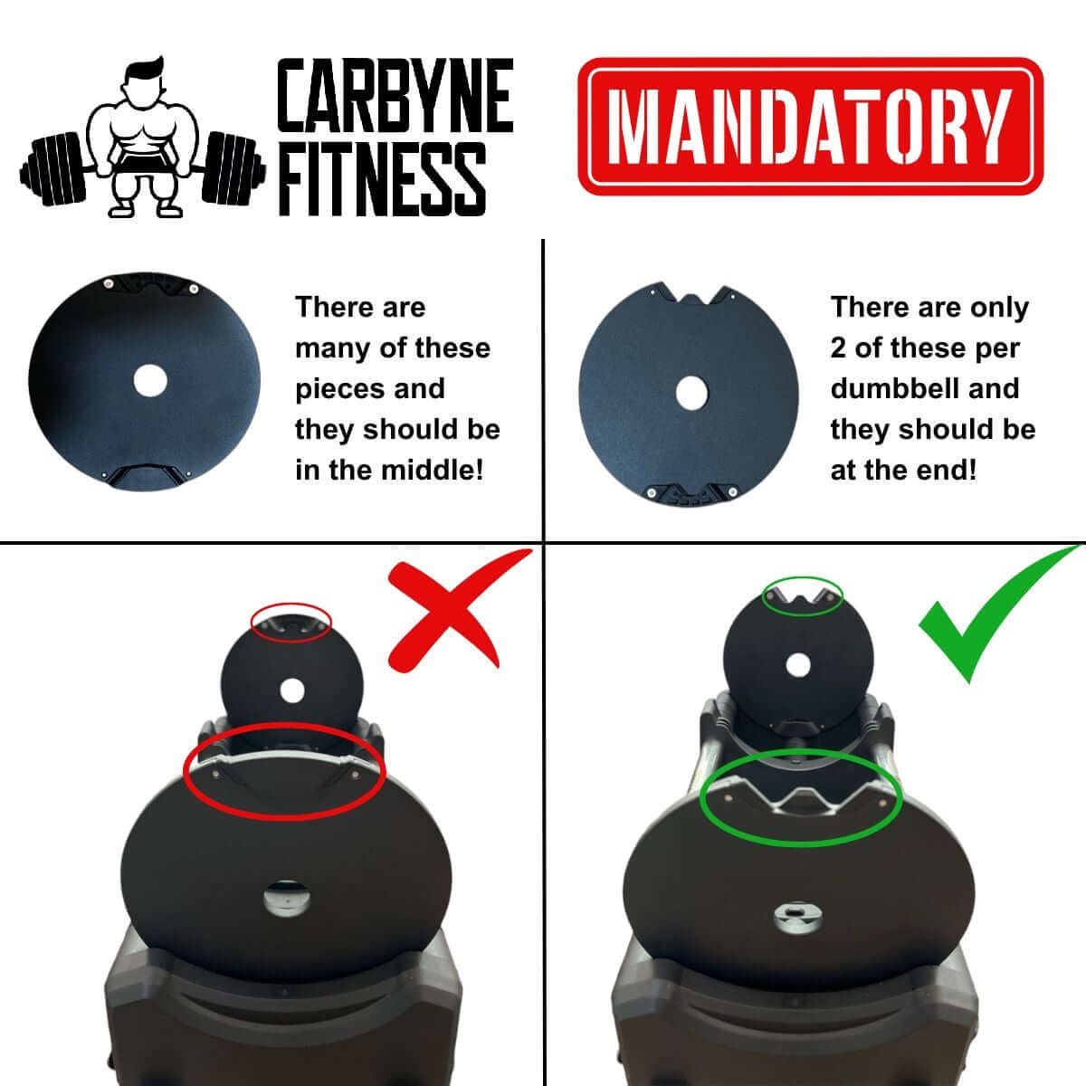 CARBYNE Fitness adjustable dumbbell assembly guide showing correct and incorrect parts placement for optimal performance.