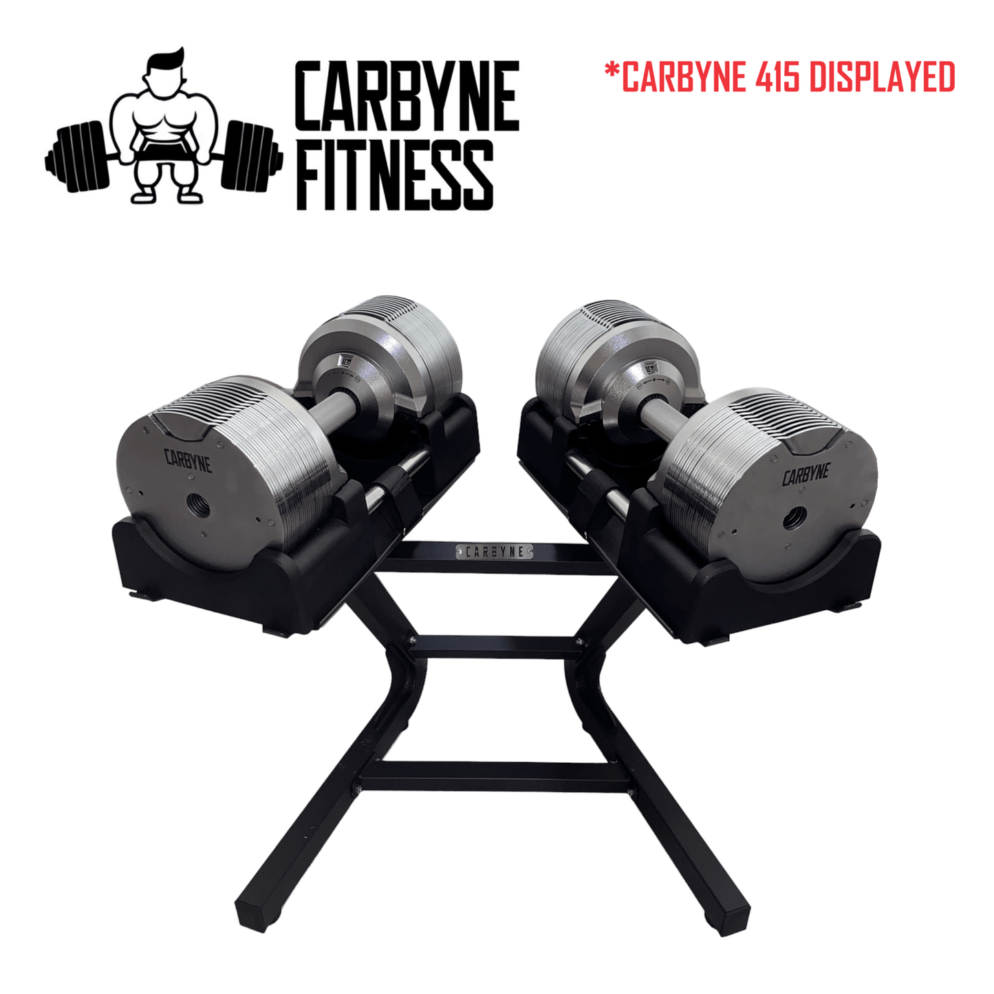 CARBYNE Fitness dumbbell rack with adjustable weights for gym equipment storage and easy access workouts.