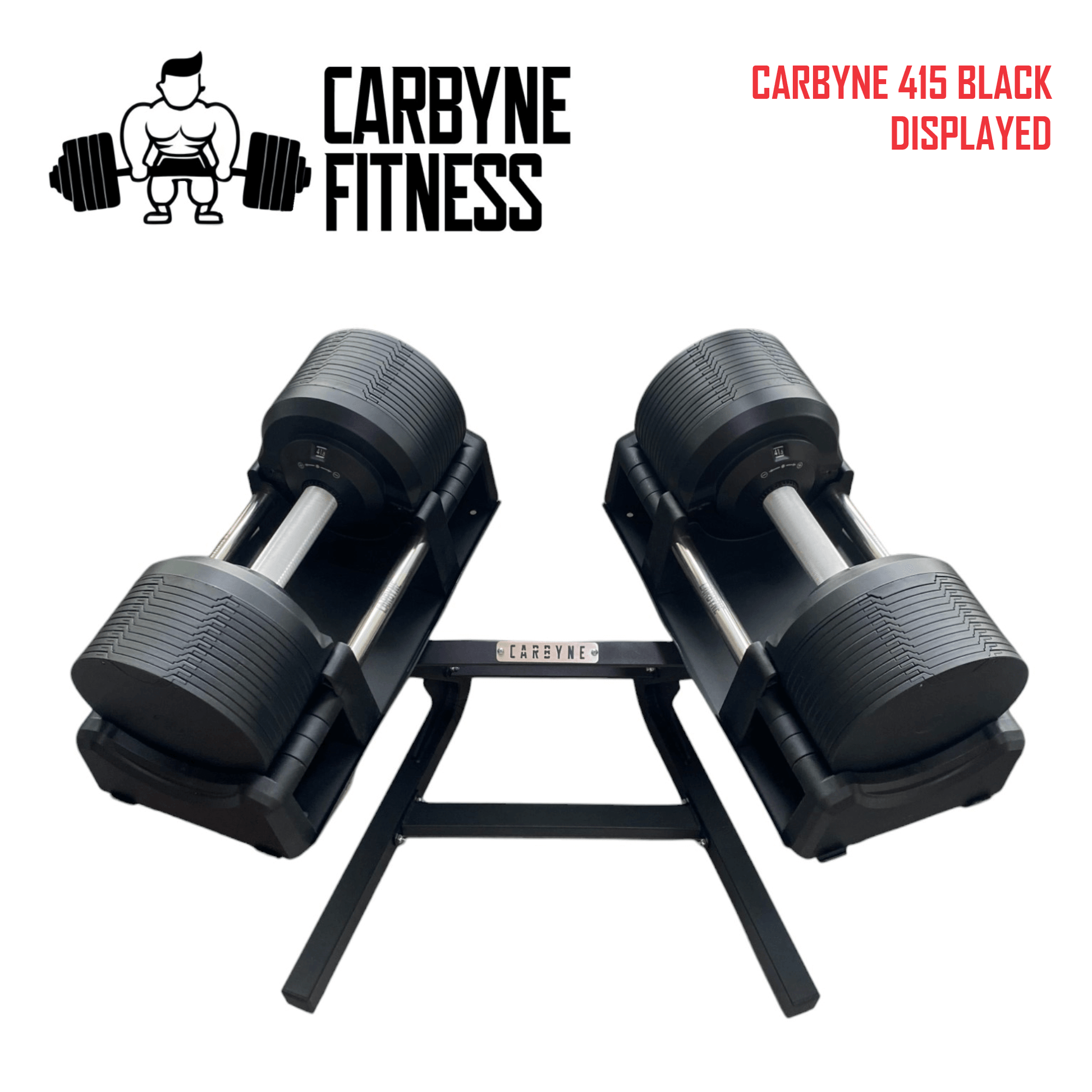 CARBYNE 415 Black adjustable dumbbell set with stand, ideal gym equipment for customizable workouts.