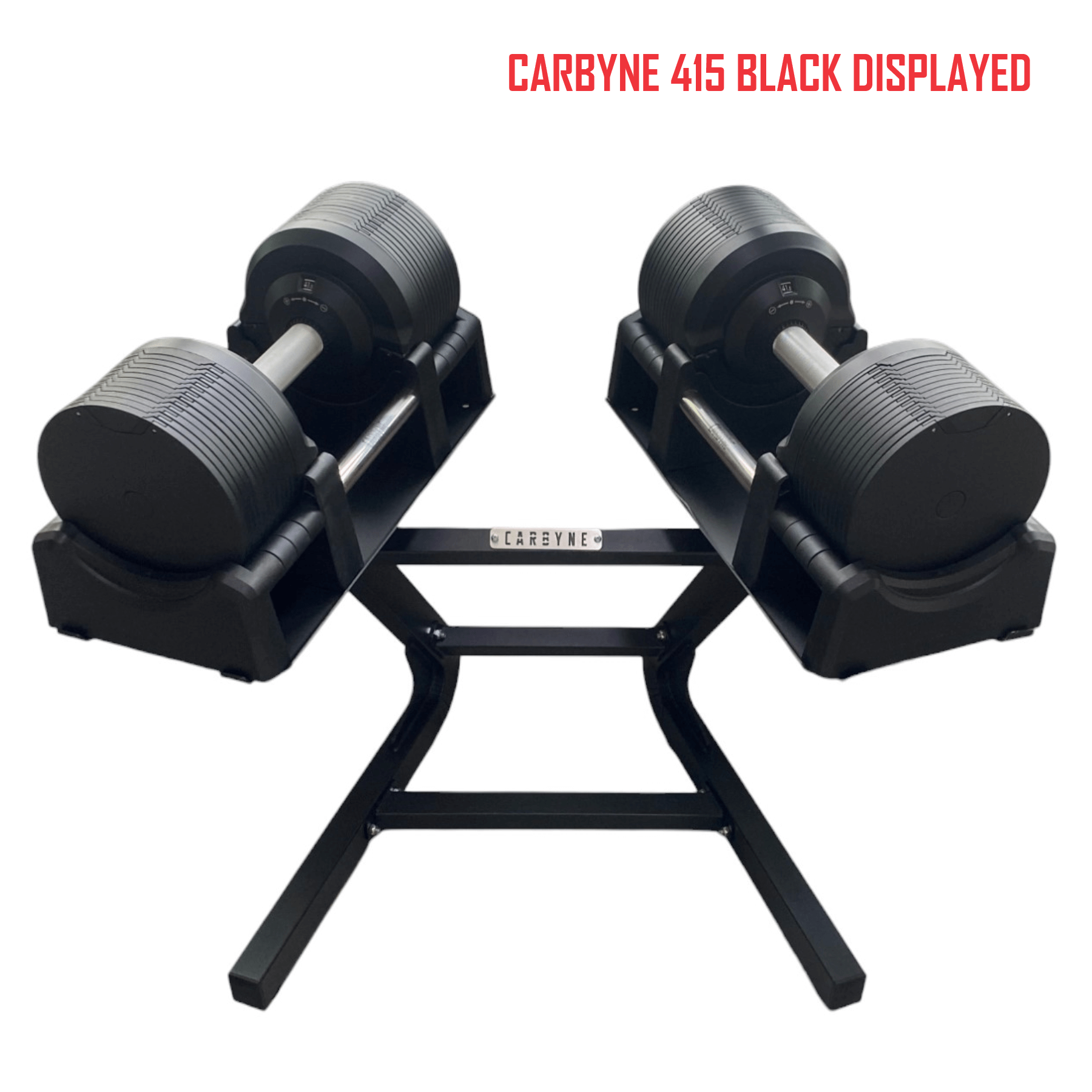 CARBYNE 415 Black adjustable dumbbells on stand for home gym workouts