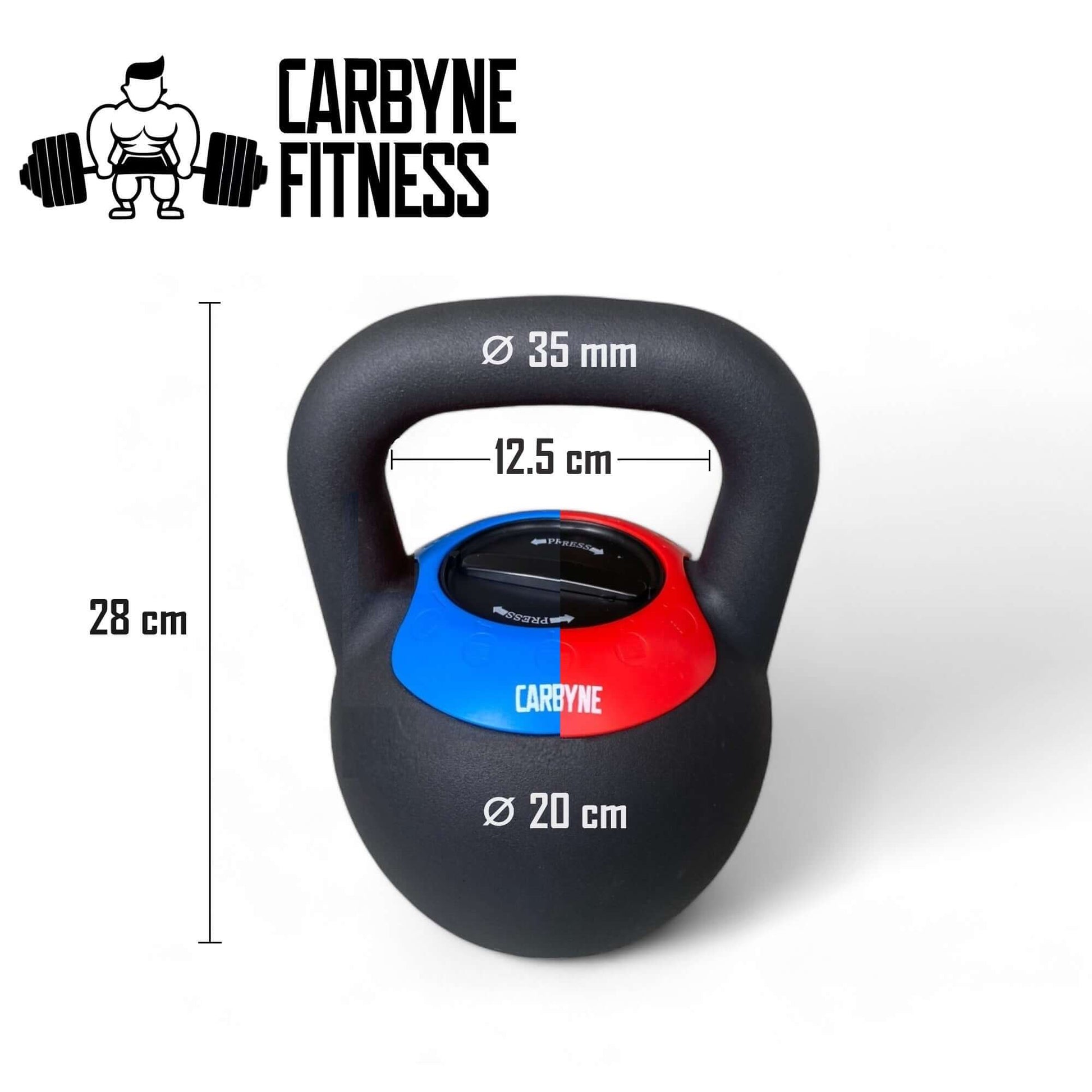 "Carbyne adjustable kettlebell with dimensions, ideal gym equipment for versatile workouts and strength training."