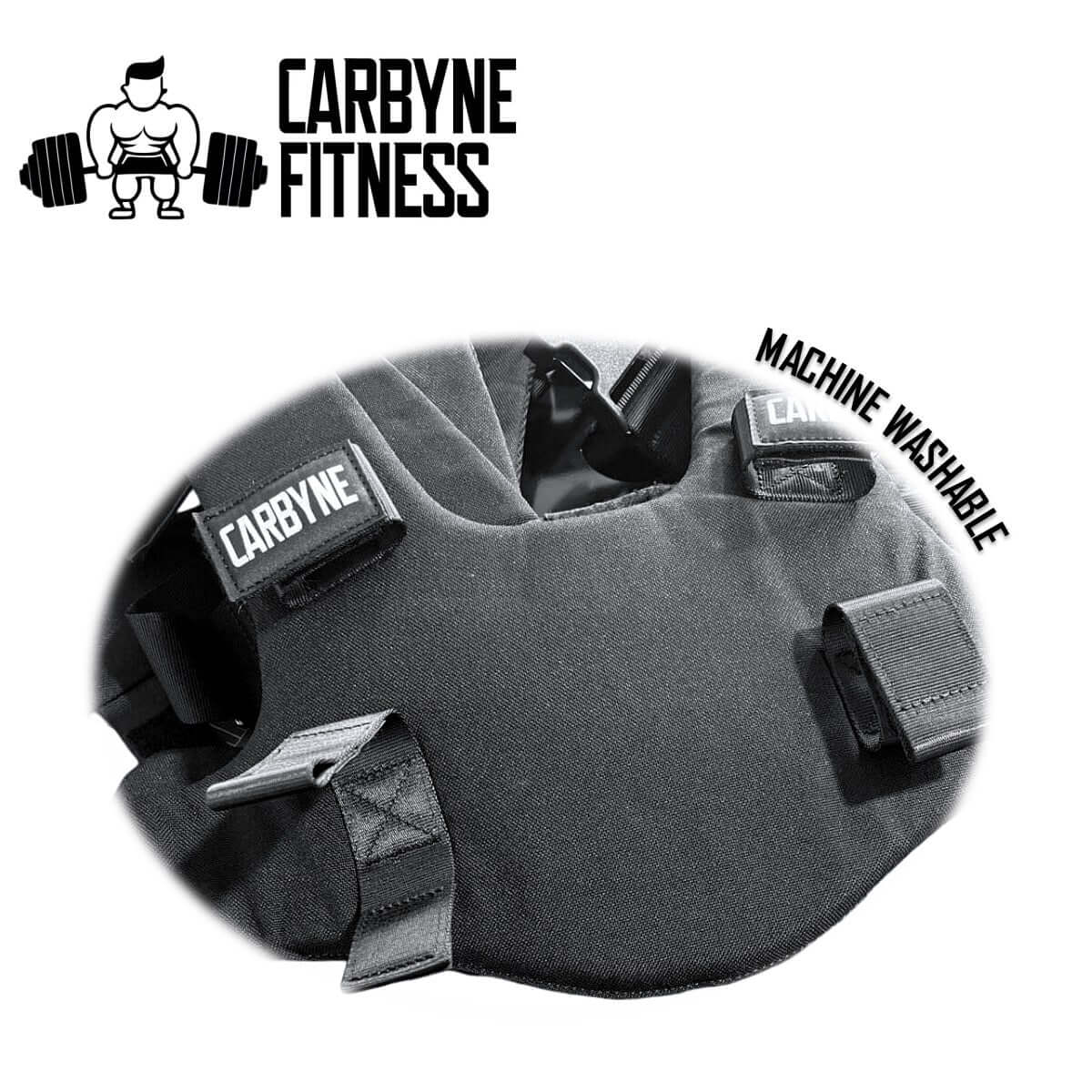 Close-up of CARBYNE Plate Loaded Weight Vest, showing adjustable straps and machine washable feature for gym workouts.