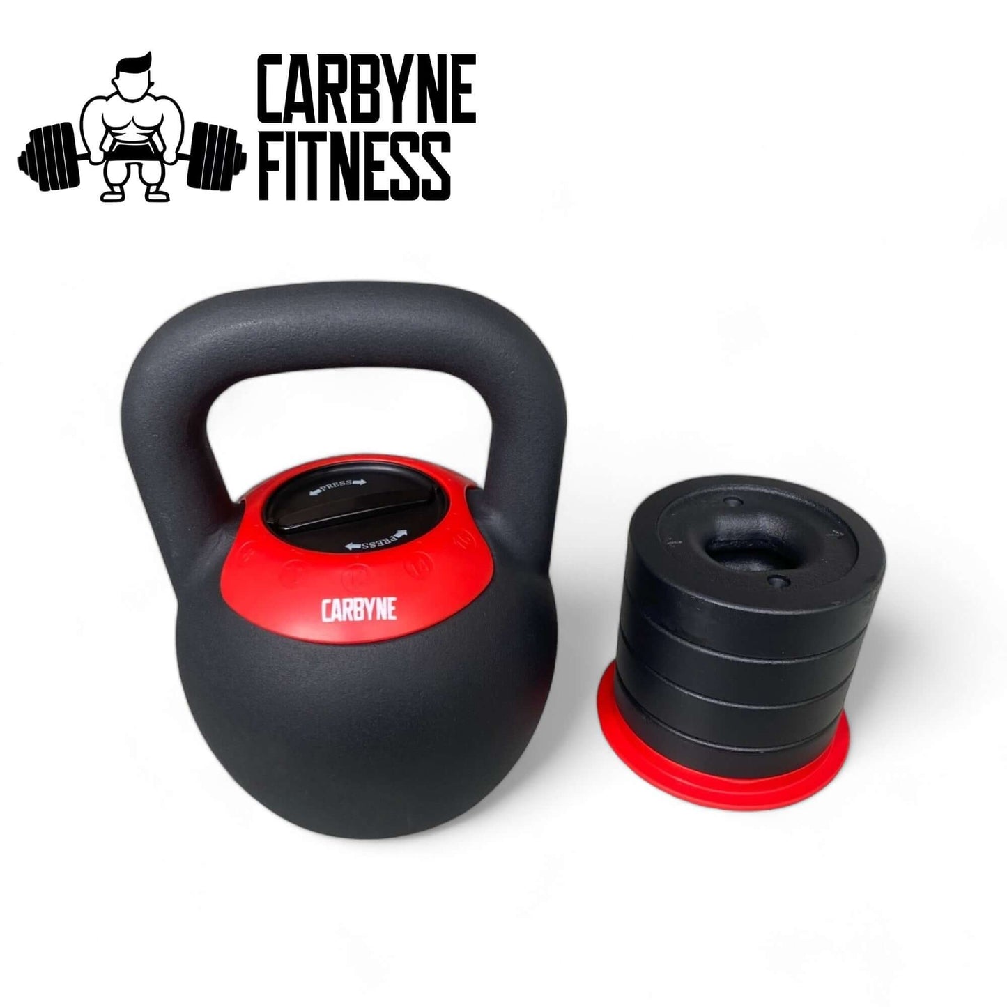 CARBYNE adjustable kettlebell with weight plates for versatile gym workouts, enhancing strength and core stability.