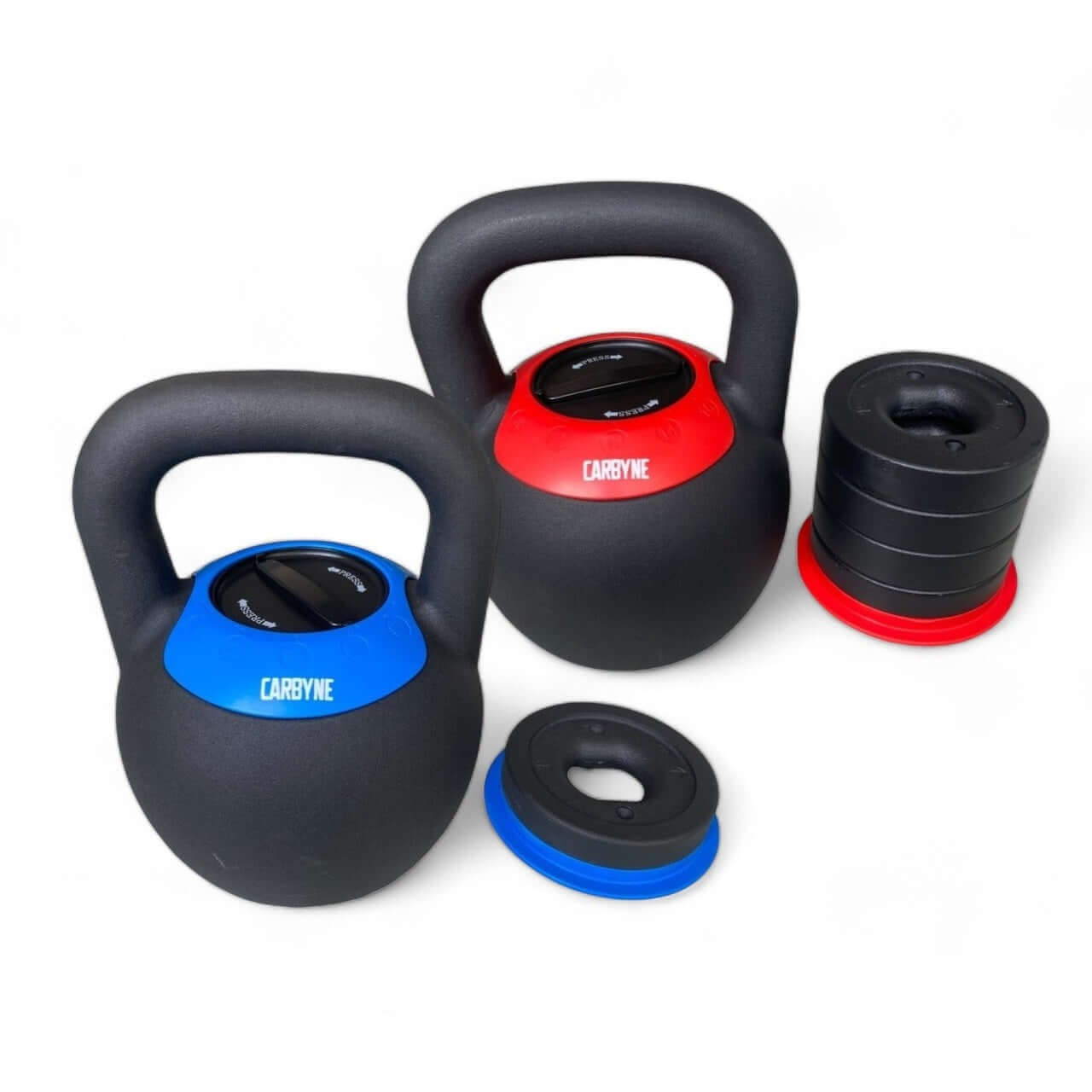 Adjustable CARBYNE kettlebells with weight plates for customizable gym workouts and strength training.