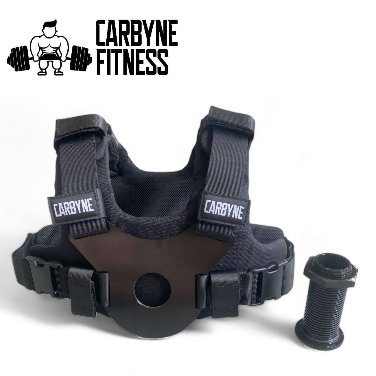 CARBYNE Plate Loaded Weight Vest with adjustable design for gym workouts, compatible with dumbbells and kettlebells.