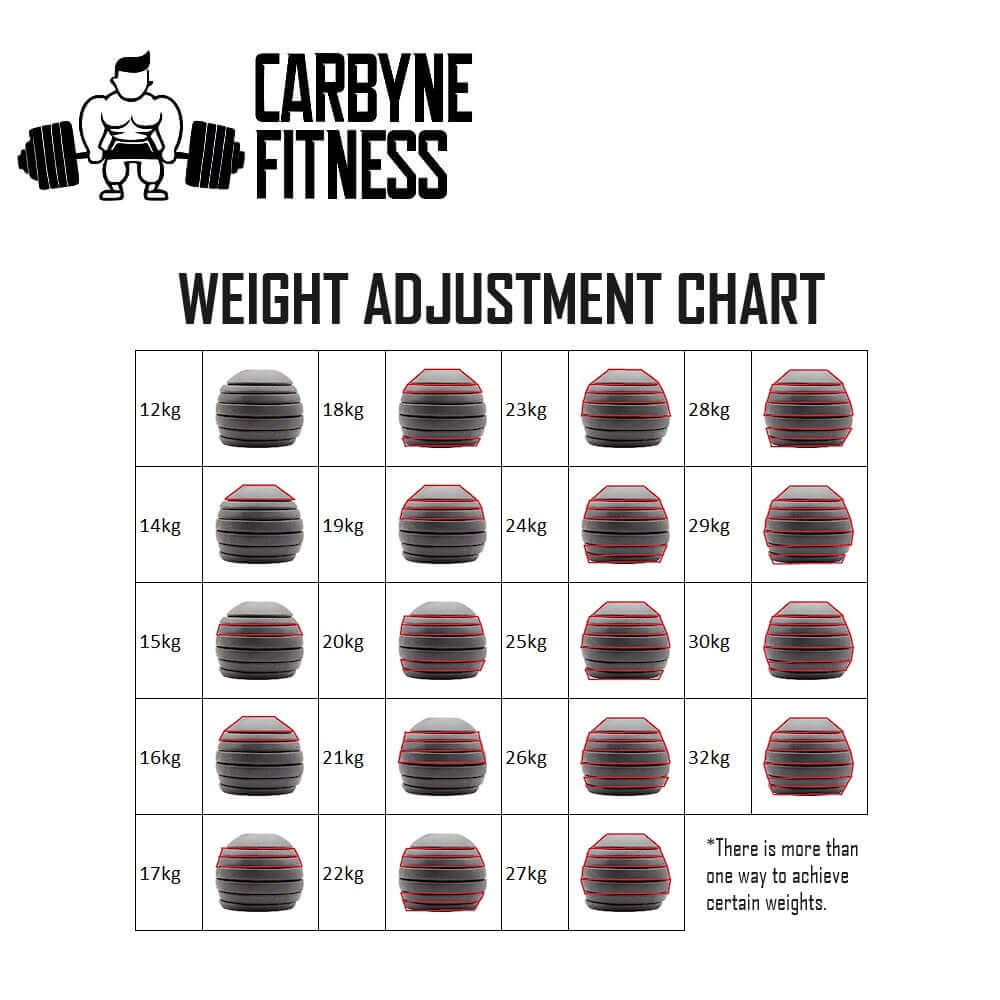 CARBYNE fitness kettlebell weight adjustment chart from 12kg to 32kg in 1kg increments.